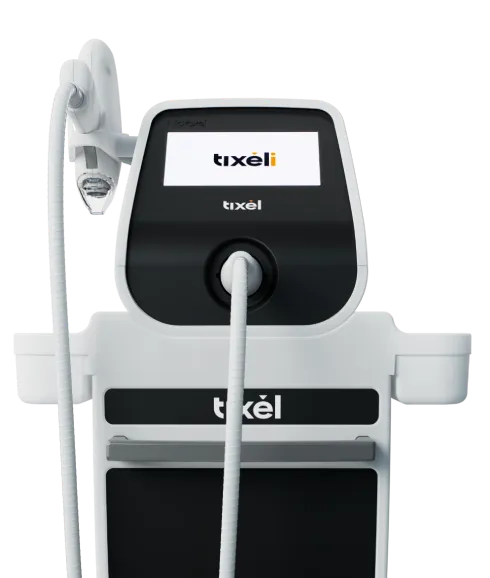 Tixel cosmetic device with touchscreen, white housing, and handpiece connected by a cord.